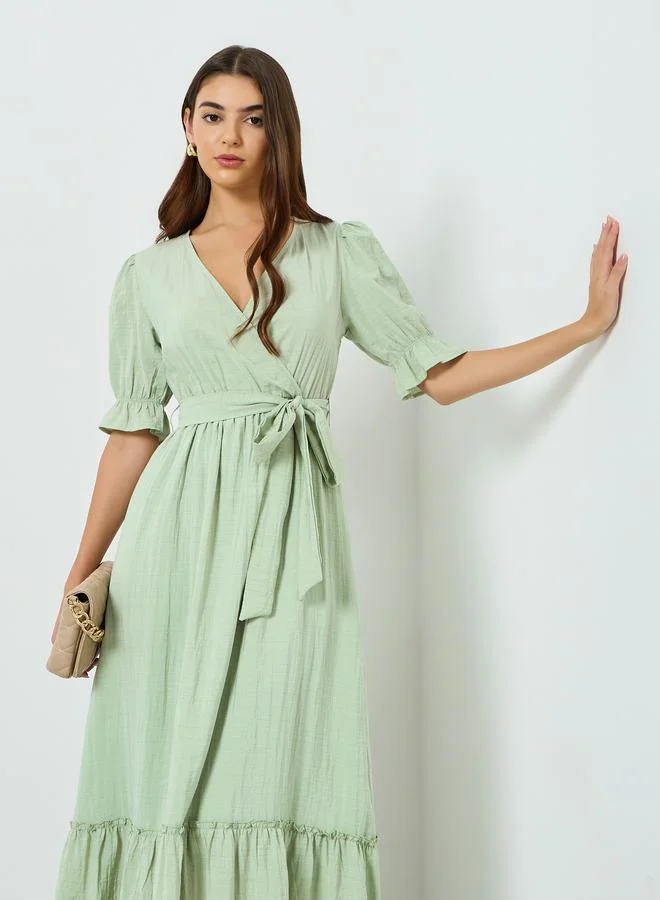 Styli Green Textured Maxi Dress with Tie-Belt
